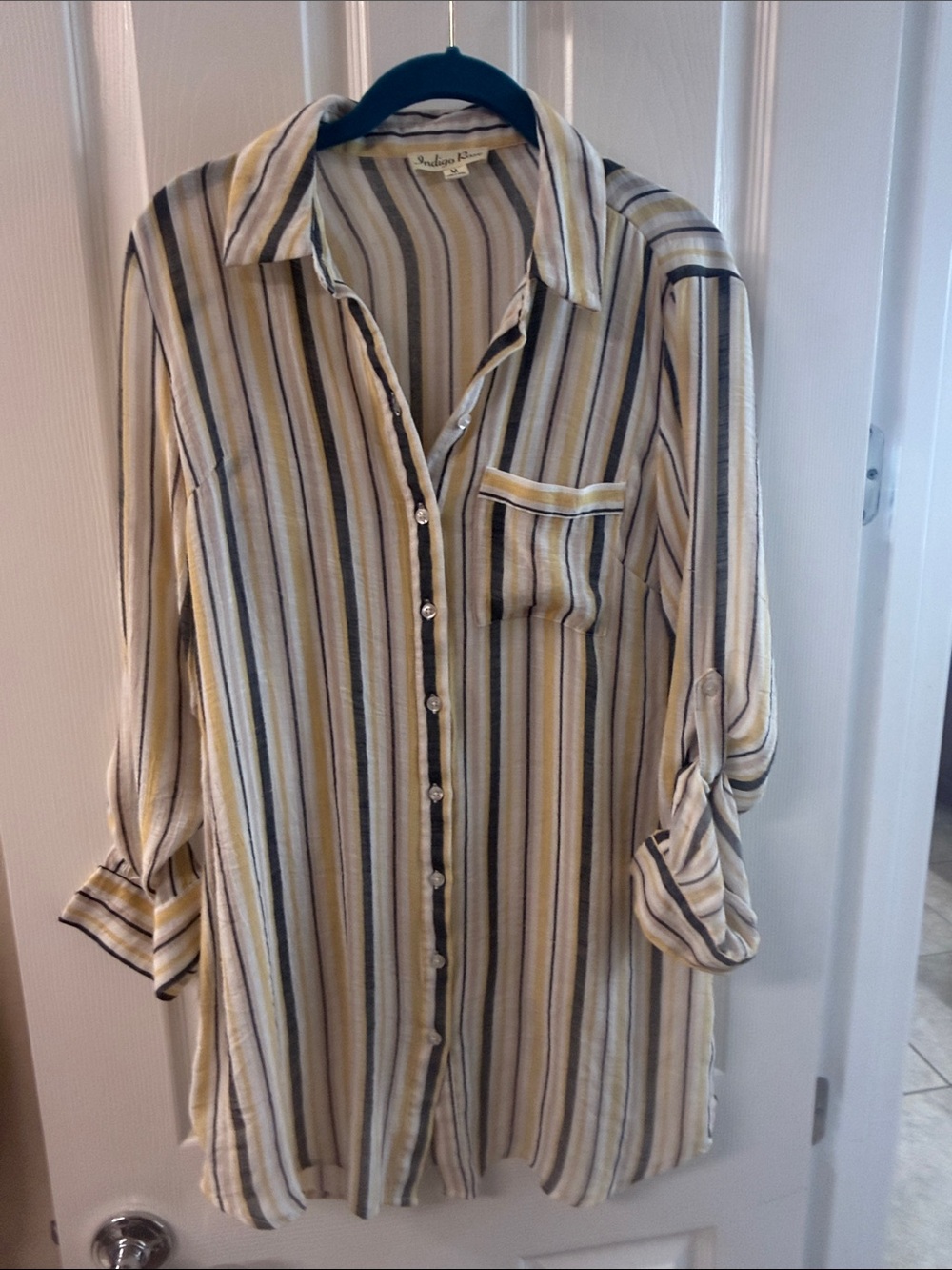 Sadie & Sage Cream and Yellow Striped Long-Sleeve Shirt Dress